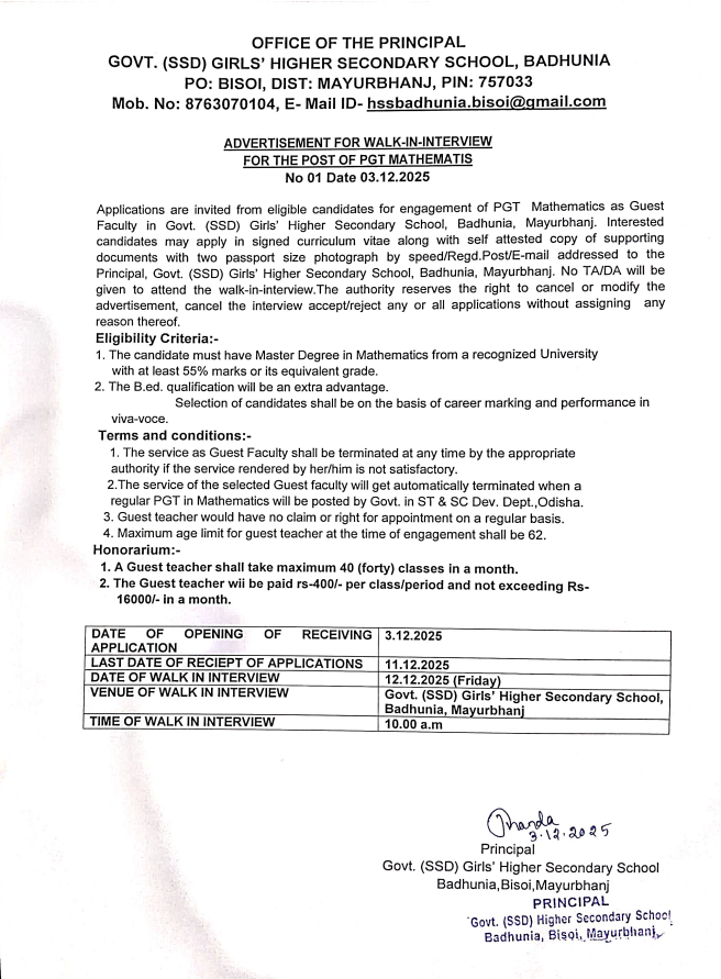 Odisha SSD Girls’ School Teacher Vacancy 2025: Walk-In Interview for PGT Mathematics Announced