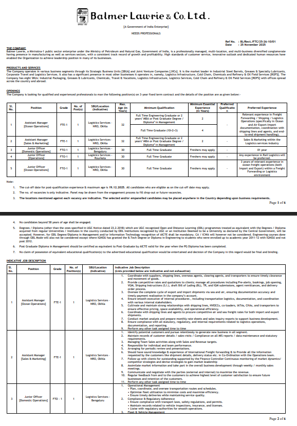 Balmer Lawrie Recruitment 2025 – Apply Online for Assistant Manager & Junior Officer Posts (FTC)
