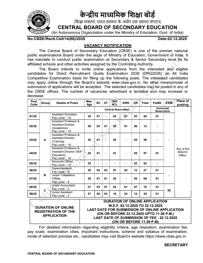 CBSE Recruitment 2026 – Apply Online for Group A, B & C Posts (124 Vacancies)