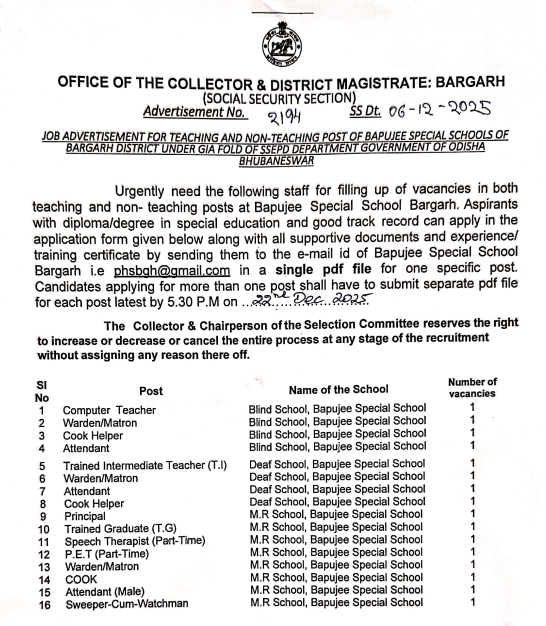 Bapuji Special School Bargarh Recruitment 2025